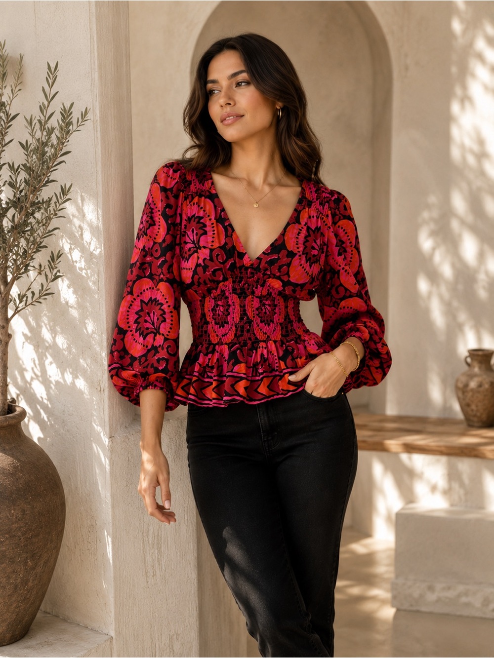 House of Harlow 1960 Smocked Floral Top Balloon Sleeve Boho Festival S